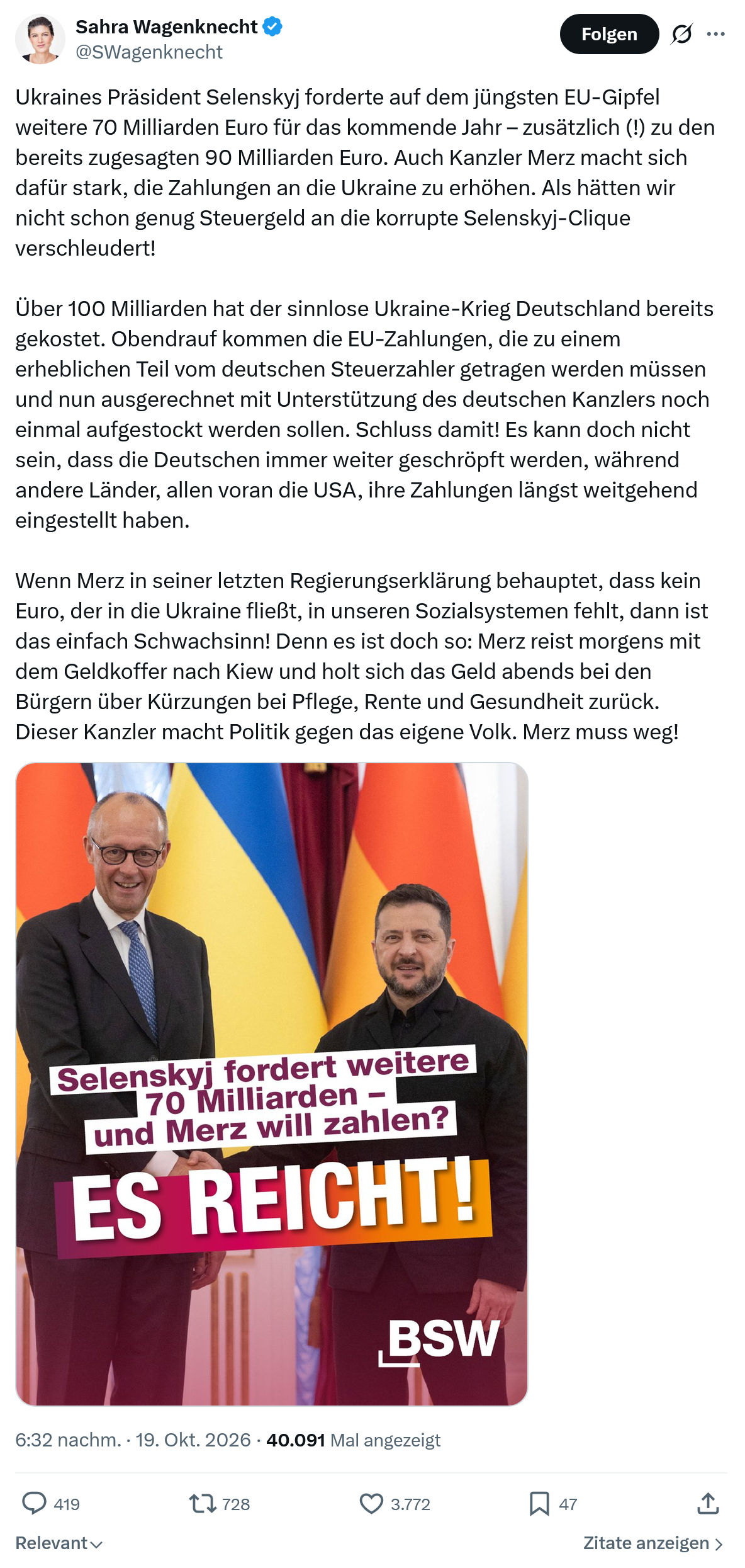 Sahra Wagenknecht: Ukraines Präsident Selenskyj...