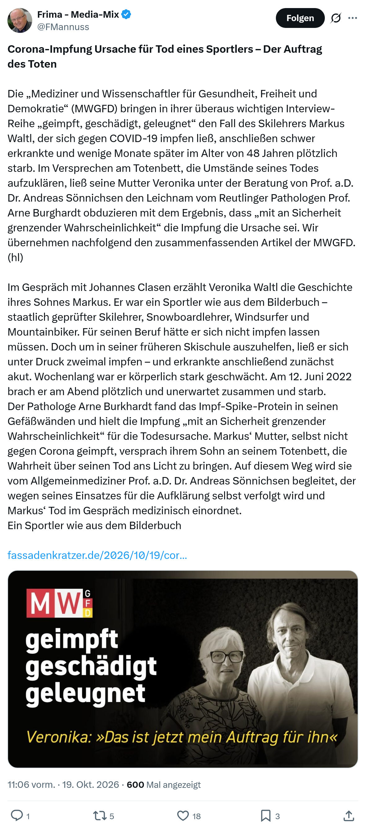 Friedrich Mannus: Corona-Impfung Ursache für Tod...