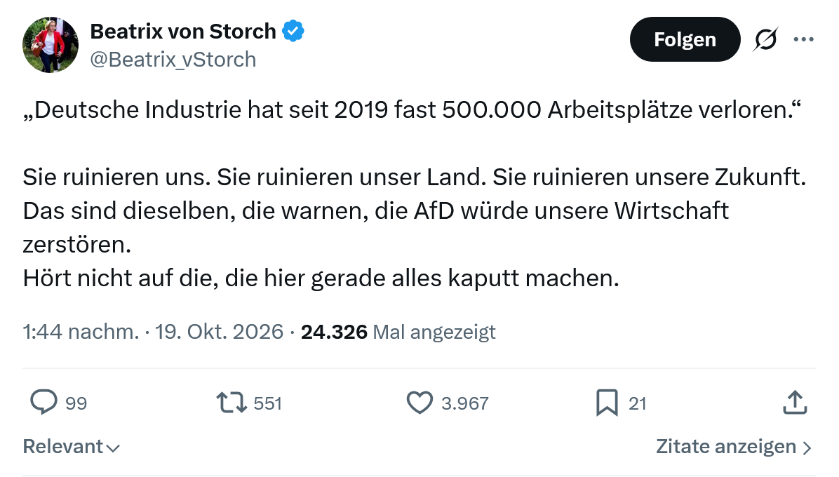 Beatrix von Storch: Deutsche Industrie hat seit...