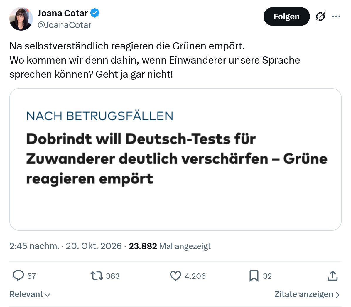 Joana Cotar: Na selbstverständlich reagieren...