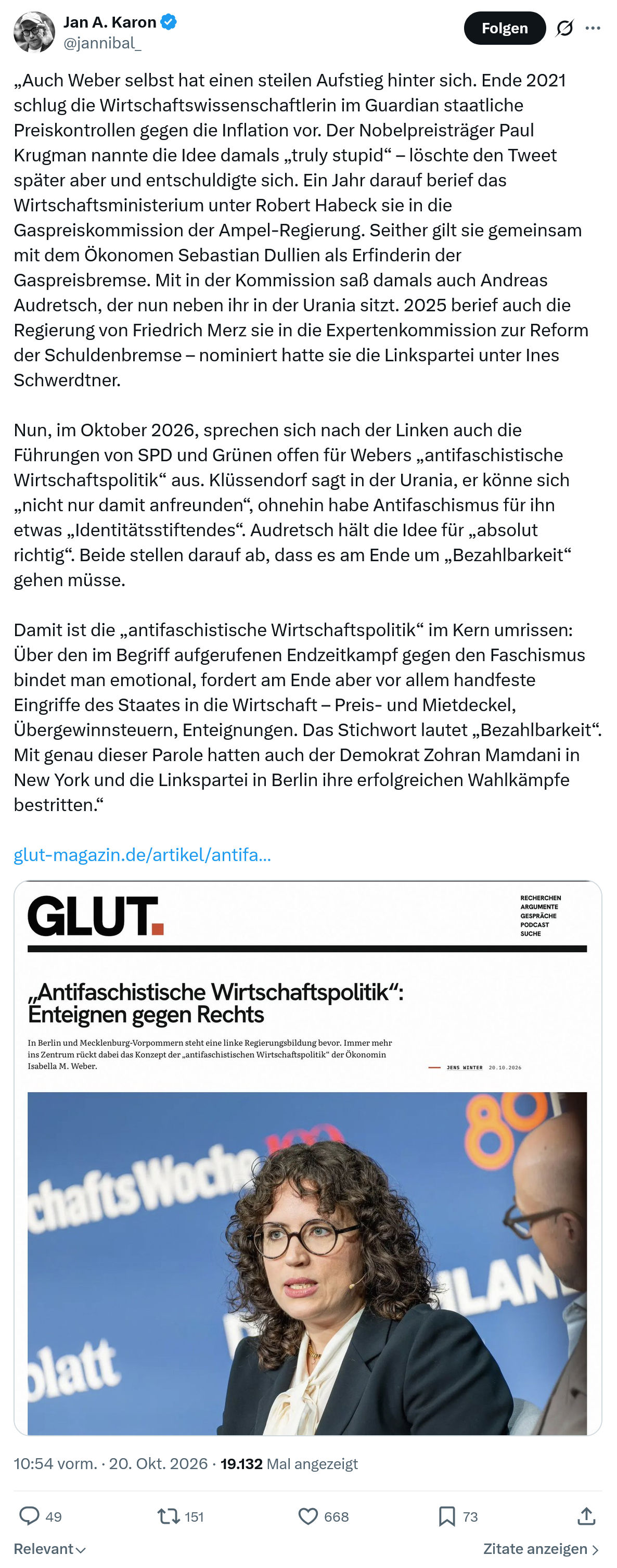 Jan A. Karon: Auch Weber selbst hat einen steilen...