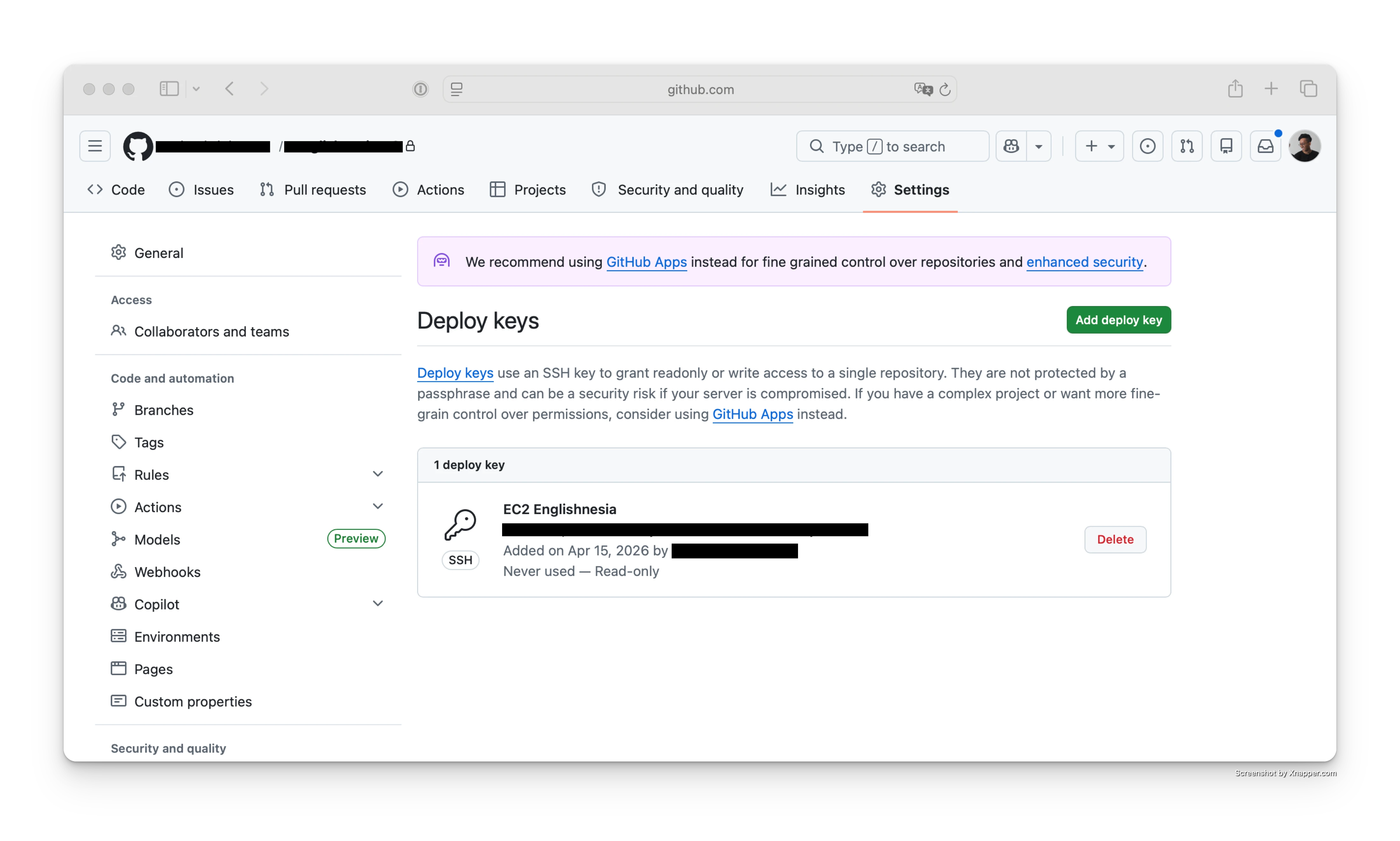 Screenshot of GitHub Deploy Keys page