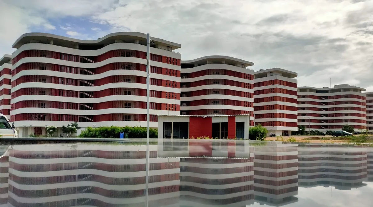 The striking, modern, Japanese-designed academic blocks of IIT Hyderabad