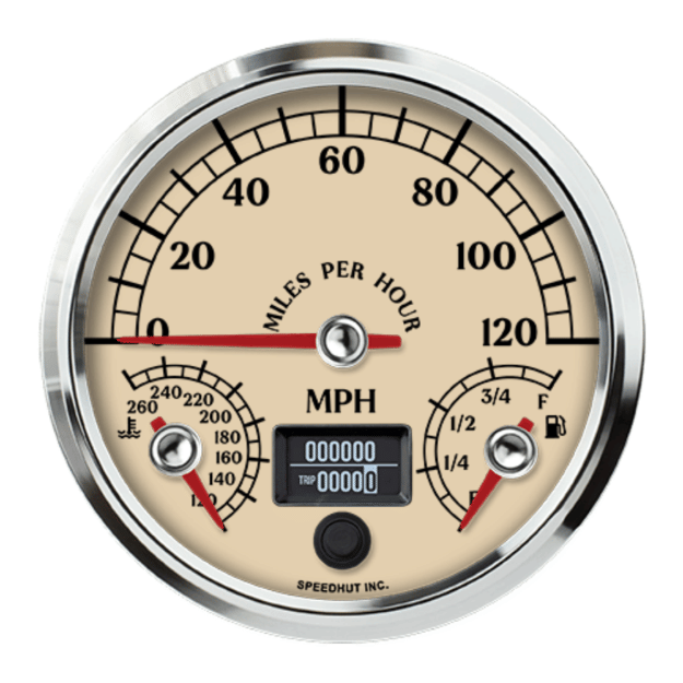 Picture of 4.5" Triple Gauge | 120 MPH Speedometer + Fuel Level, Water Temp | Antique Design