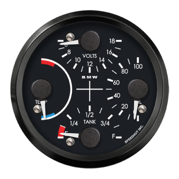 Picture of 3-3/8" Quad Gauge with Remote Button | Water Temp, Volts, Oil Pressure, Fuel Level | BMW Design