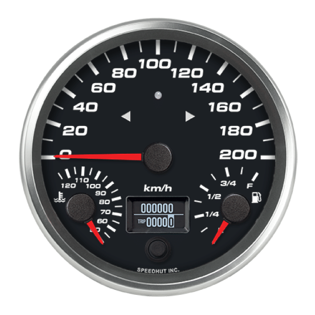 Picture of 4-1/2" Triple Gauge + TS/HB | Speedometer + Fuel Level + Water Temp | 200 km/h