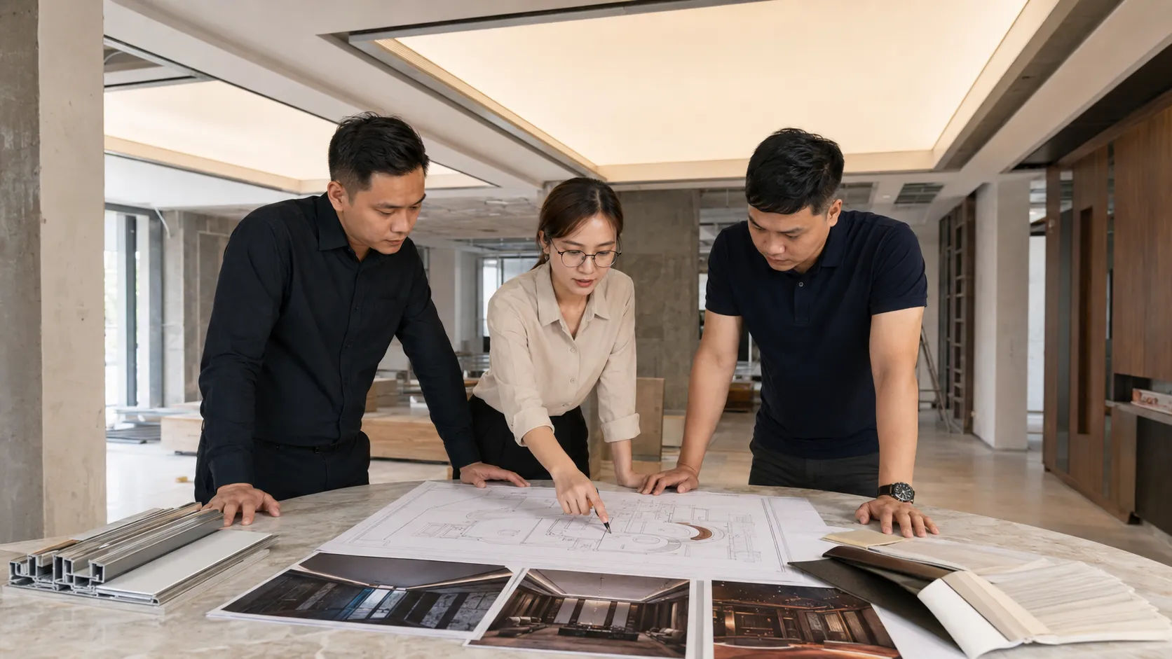 Chủ đầu tư và nhà thầu trao đổi hồ sơ trước khi thi công trần nhà