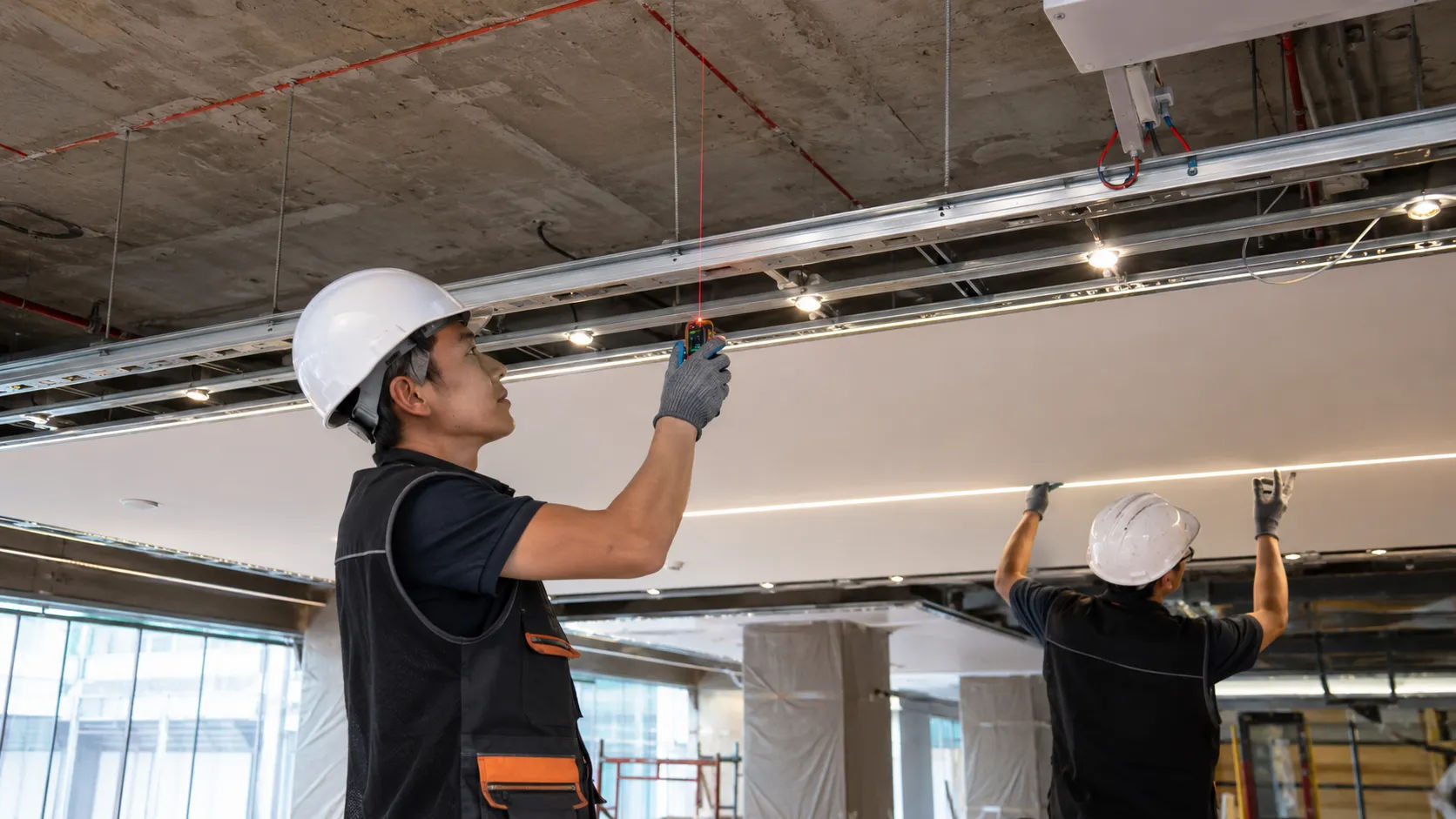 Kỹ sư kiểm tra cao độ và hệ cơ điện trước khi lắp đặt trần