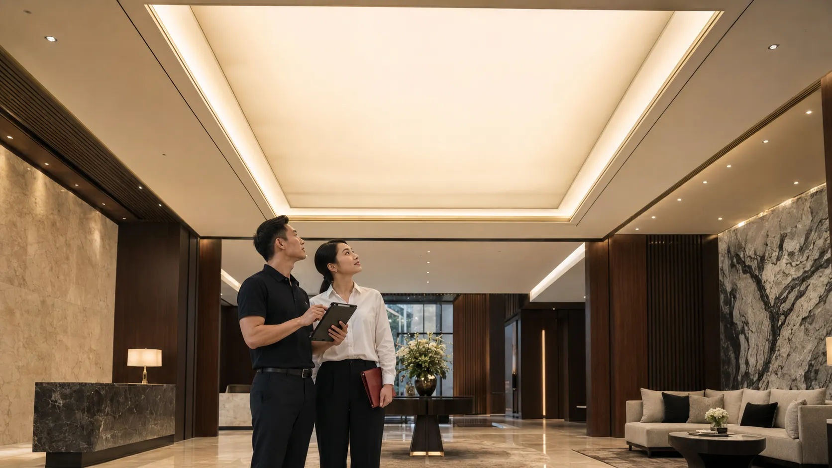 Đại diện chủ đầu tư và nhà thầu nghiệm thu trần xuyên sáng hoàn thiện