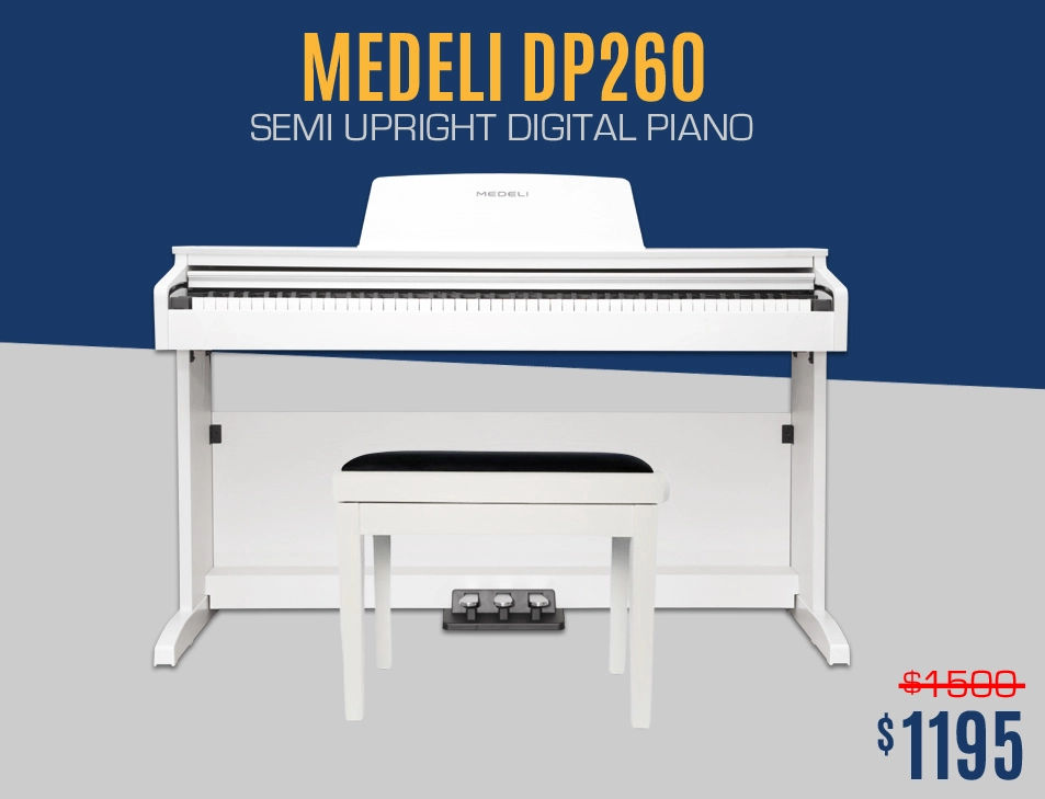 Medeli DP260 white semi upright digital piano