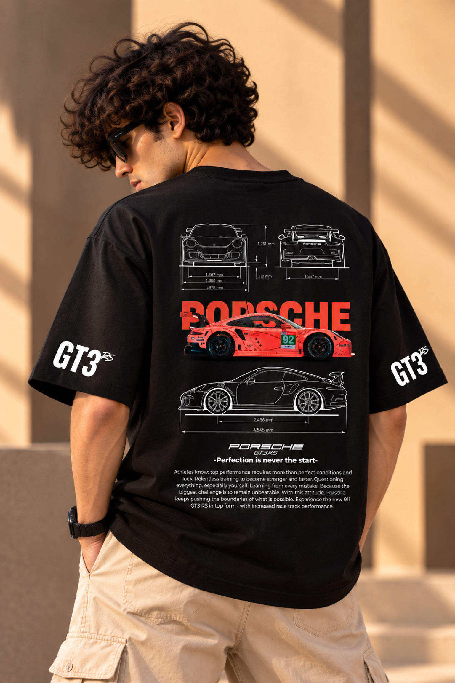 Porsche GT3 RS Racing Graphic Oversized Drop Shoulder T-Shirt – Sand Beige | TEENZOS - Image 3
