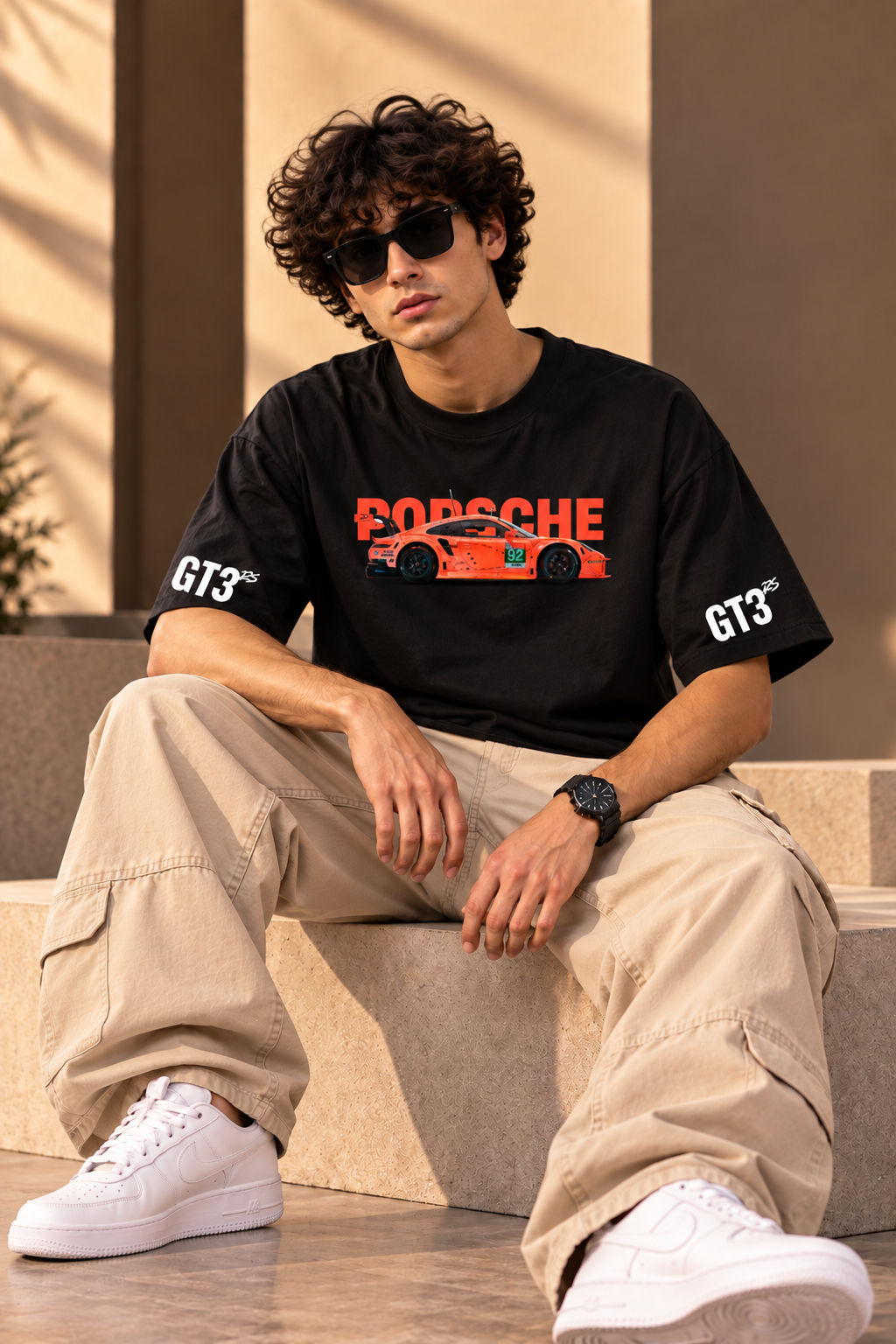 Porsche GT3 RS Racing Graphic Oversized Drop Shoulder T-Shirt – Sand Beige | TEENZOS