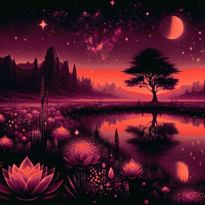 April Imaginarium #13 Shimmering Lake Mirrors Lotus Night