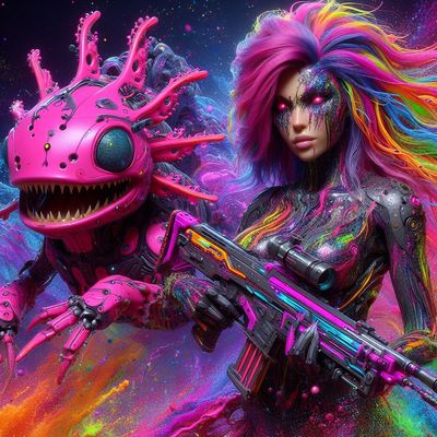 Colourful neon cyborg warrior and her pink axolotl friend 