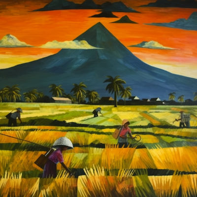 Rice farmers beneath Mayon's majesty