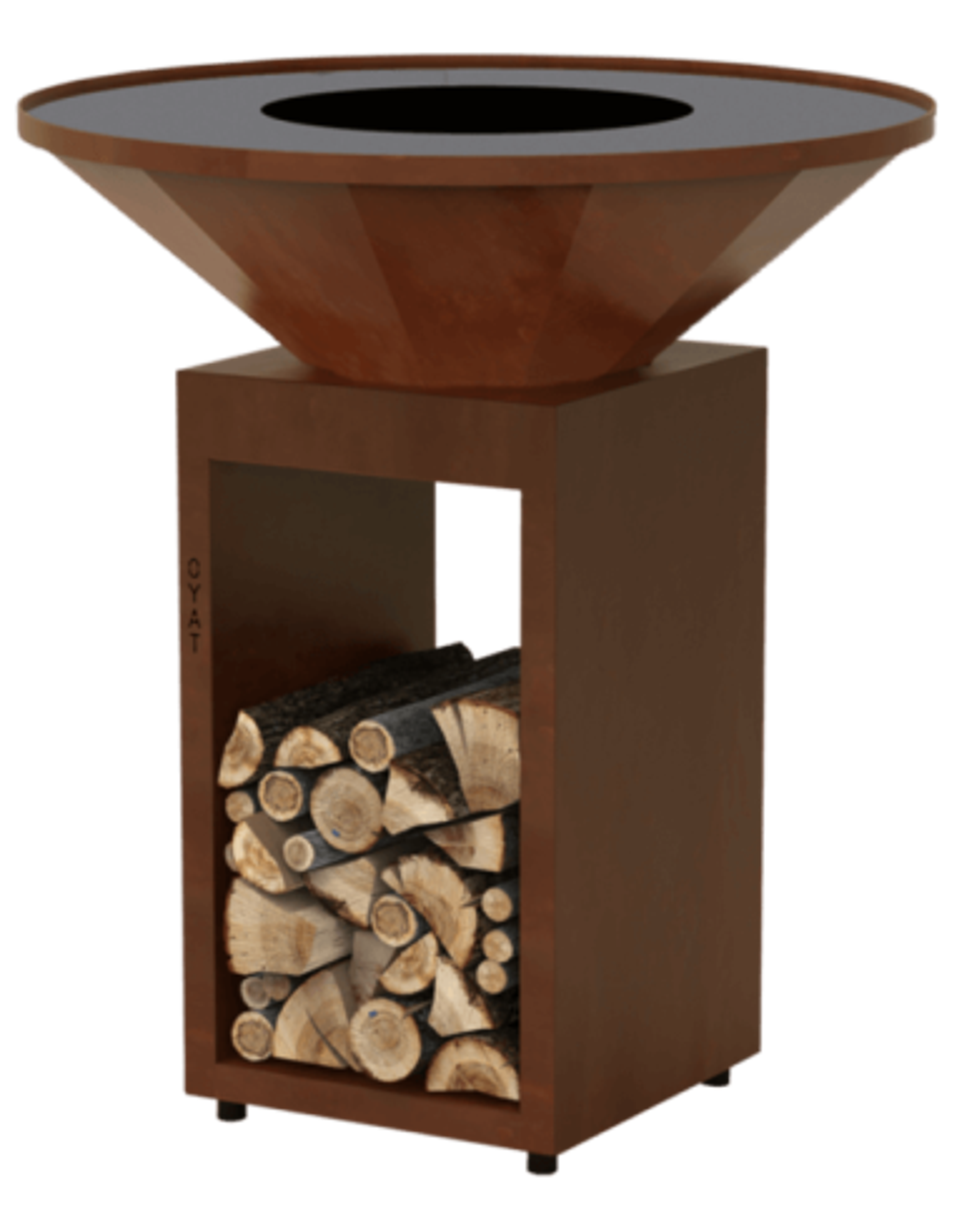 Brasero plancha rond Ø 96 cm sur meuble ouvert - Acier Corten - Origine.R 96 Cognac - Oyat