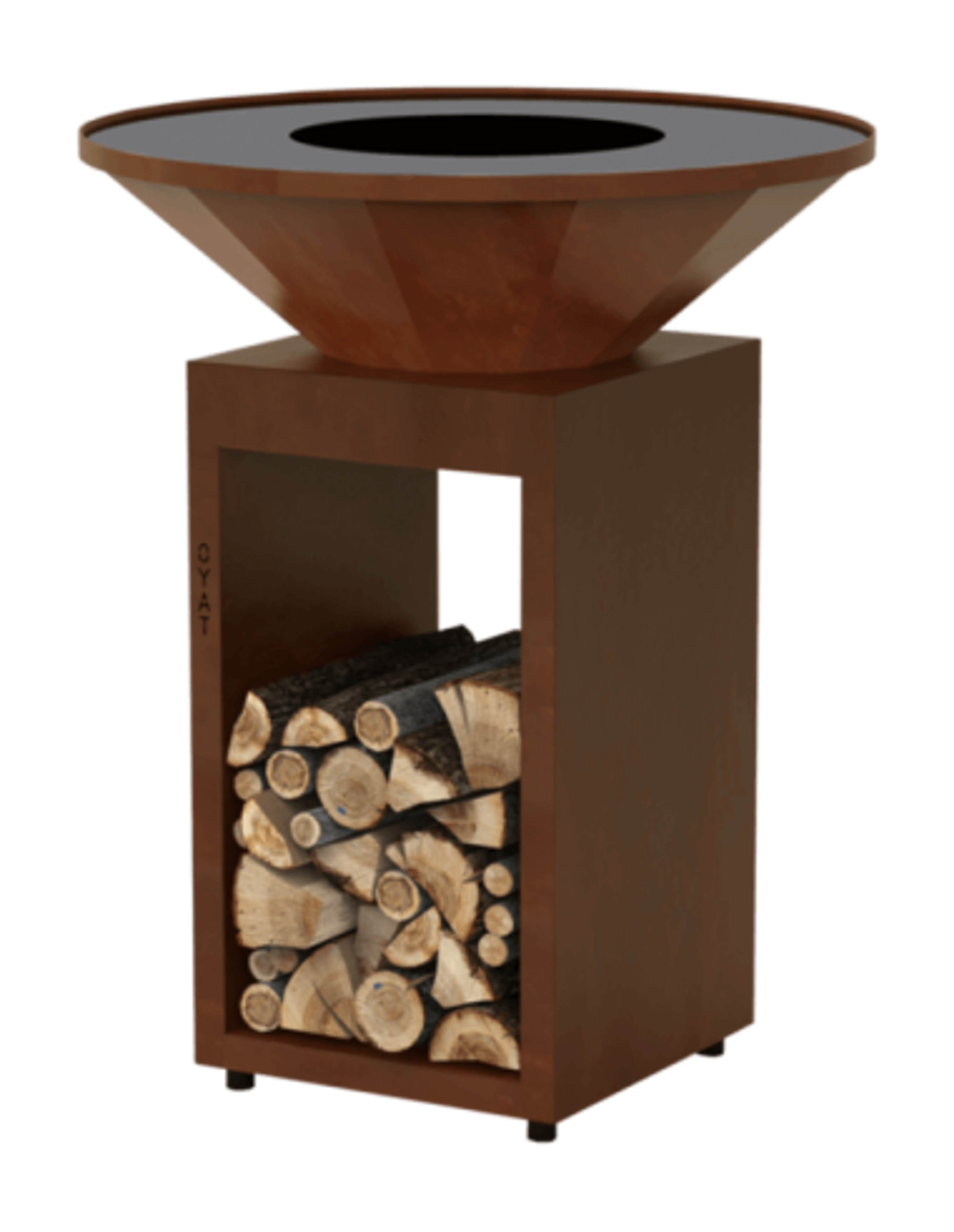 Brasero plancha rond Ø 82 cm sur meuble ouvert - Acier Corten - Origine.R 82 Cognac - Oyat
