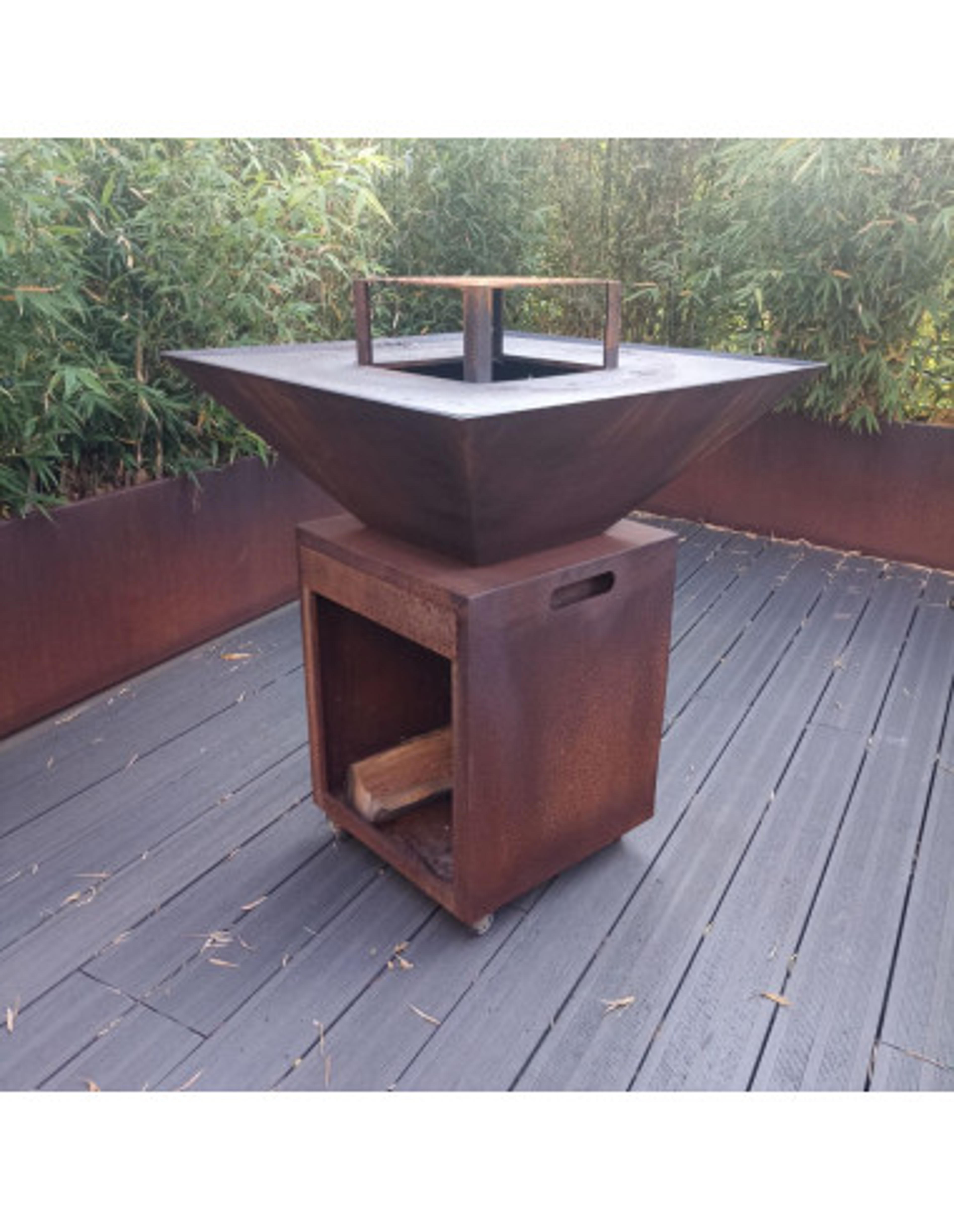 Brasero carré 85 cm sur meuble - Acier Corten - Conviv' - Atmeco