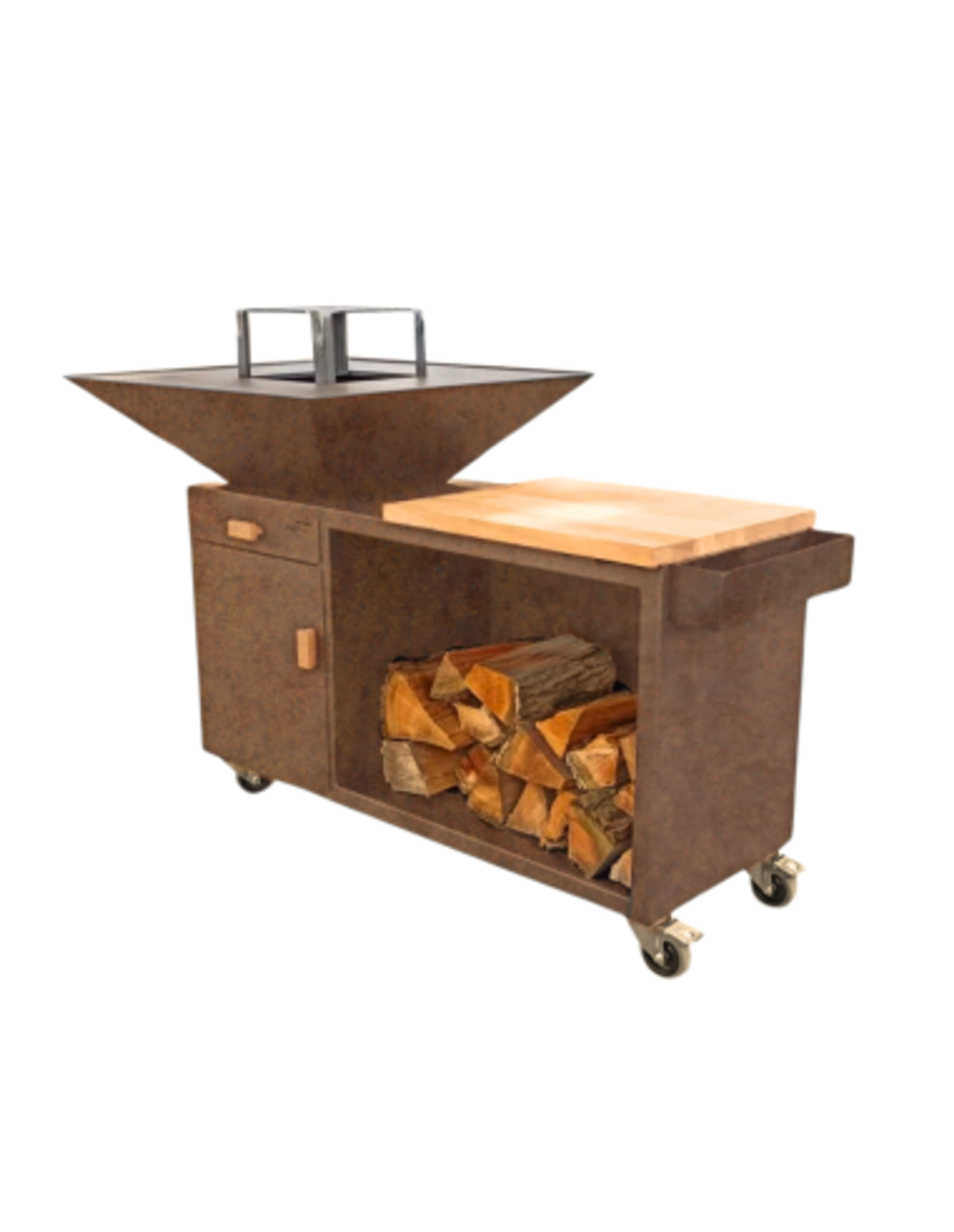 Brasero carré 85 cm sur desserte - Acier Corten - Pro - Atmeco