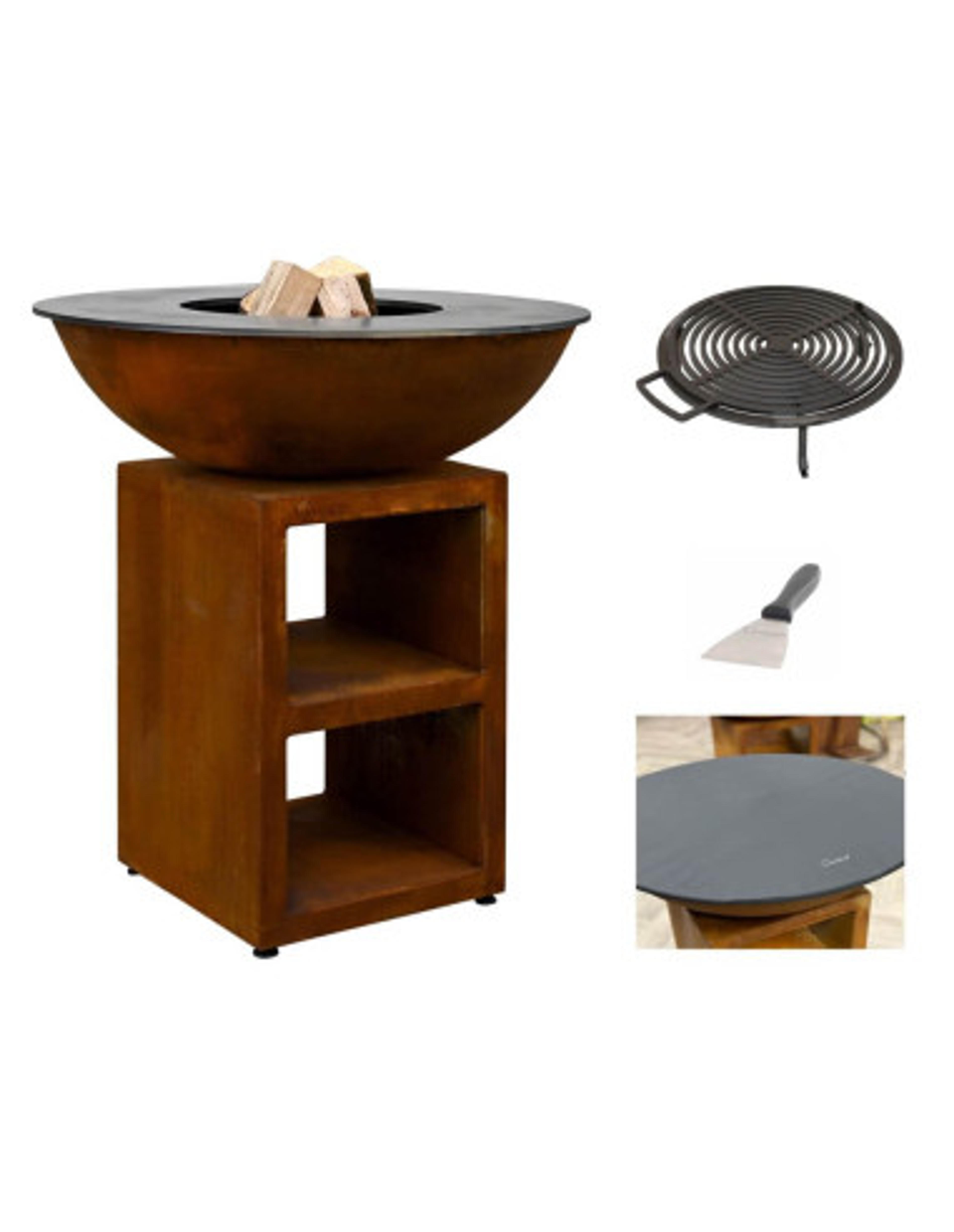 Pack brasero rond Ø 94 cm sur meuble - Acier Corten - Piatto - Large - Quoco