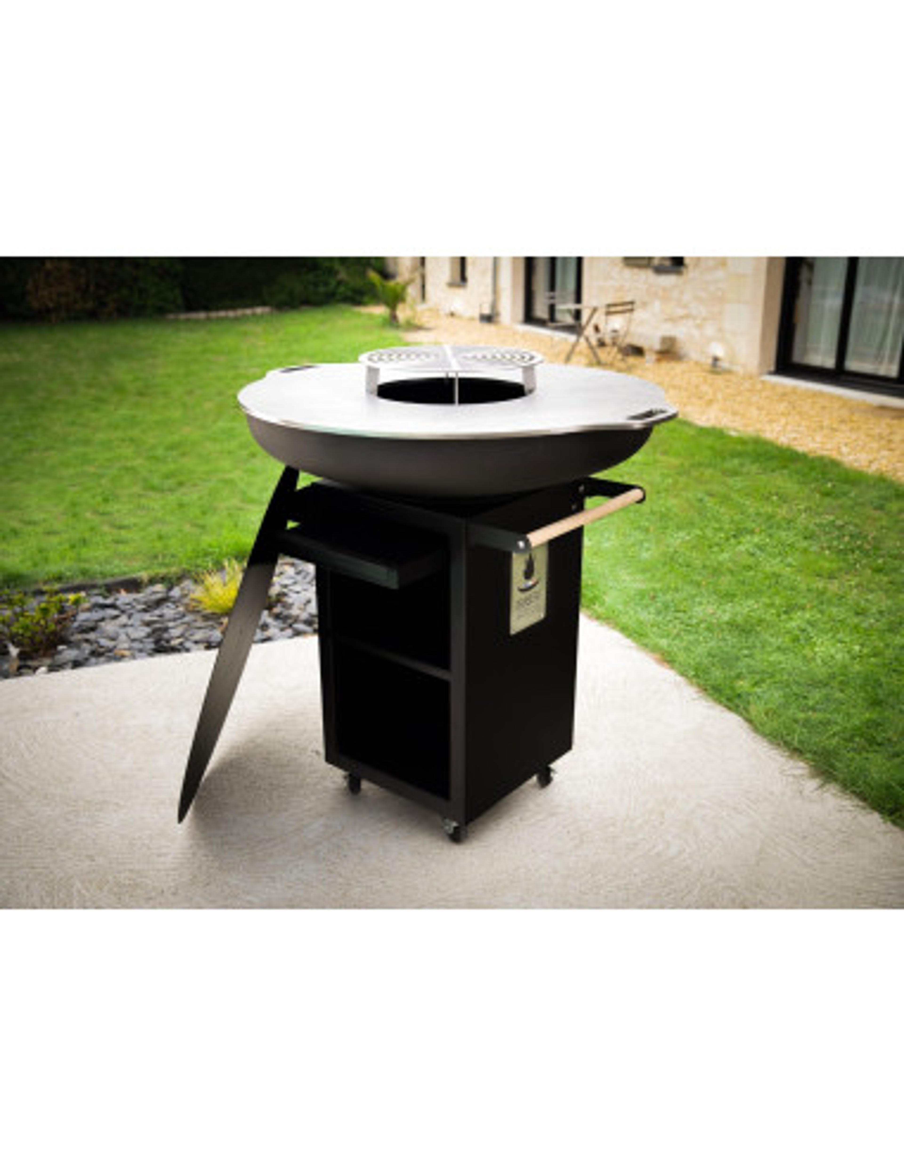 Brasero barbecue plancha rond acier noir de diamètre 100 cm sur meuble (Le Gérard) - V1