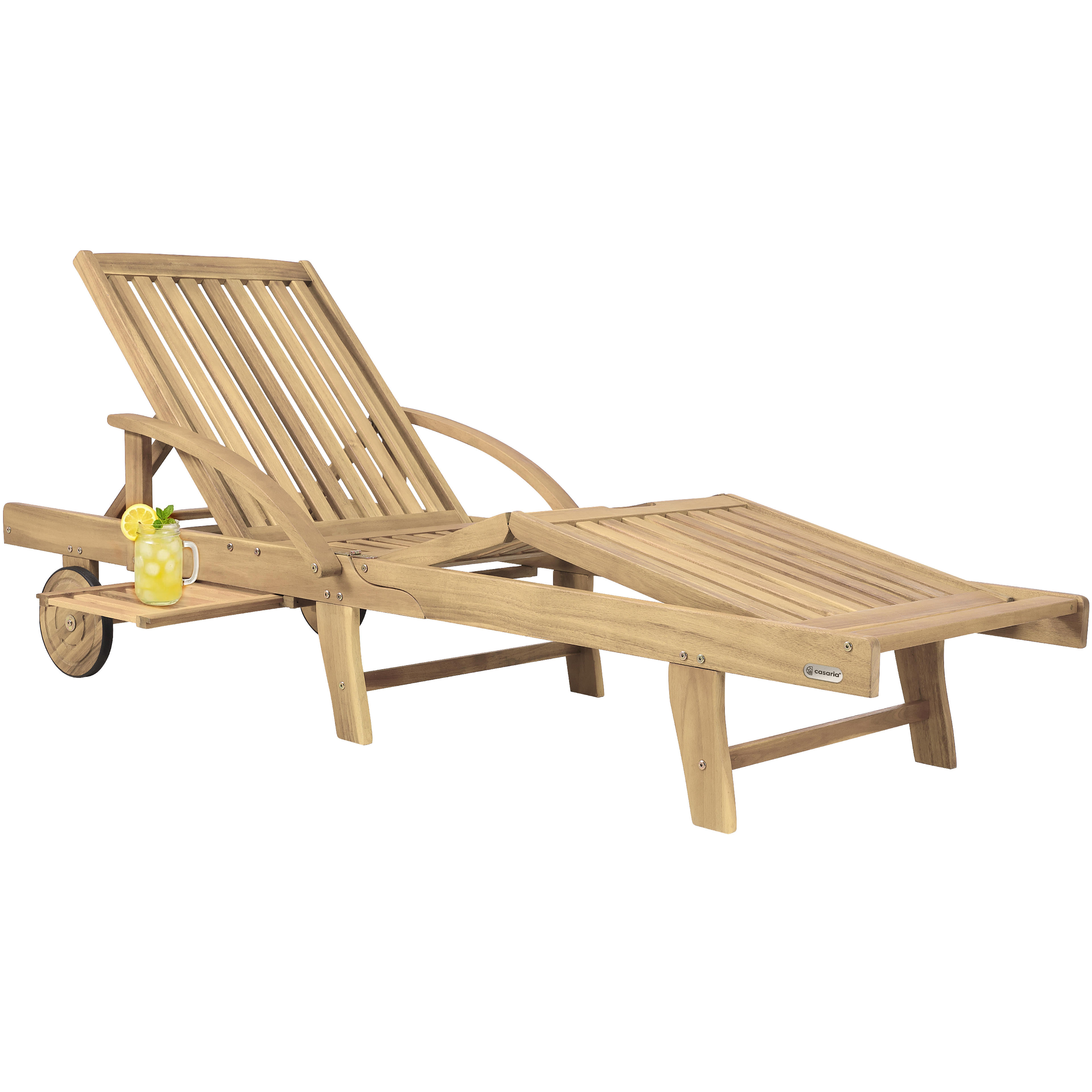 Transat de jardin pliable et réglable en acacia aspect teck avec table extensible et roulettes
