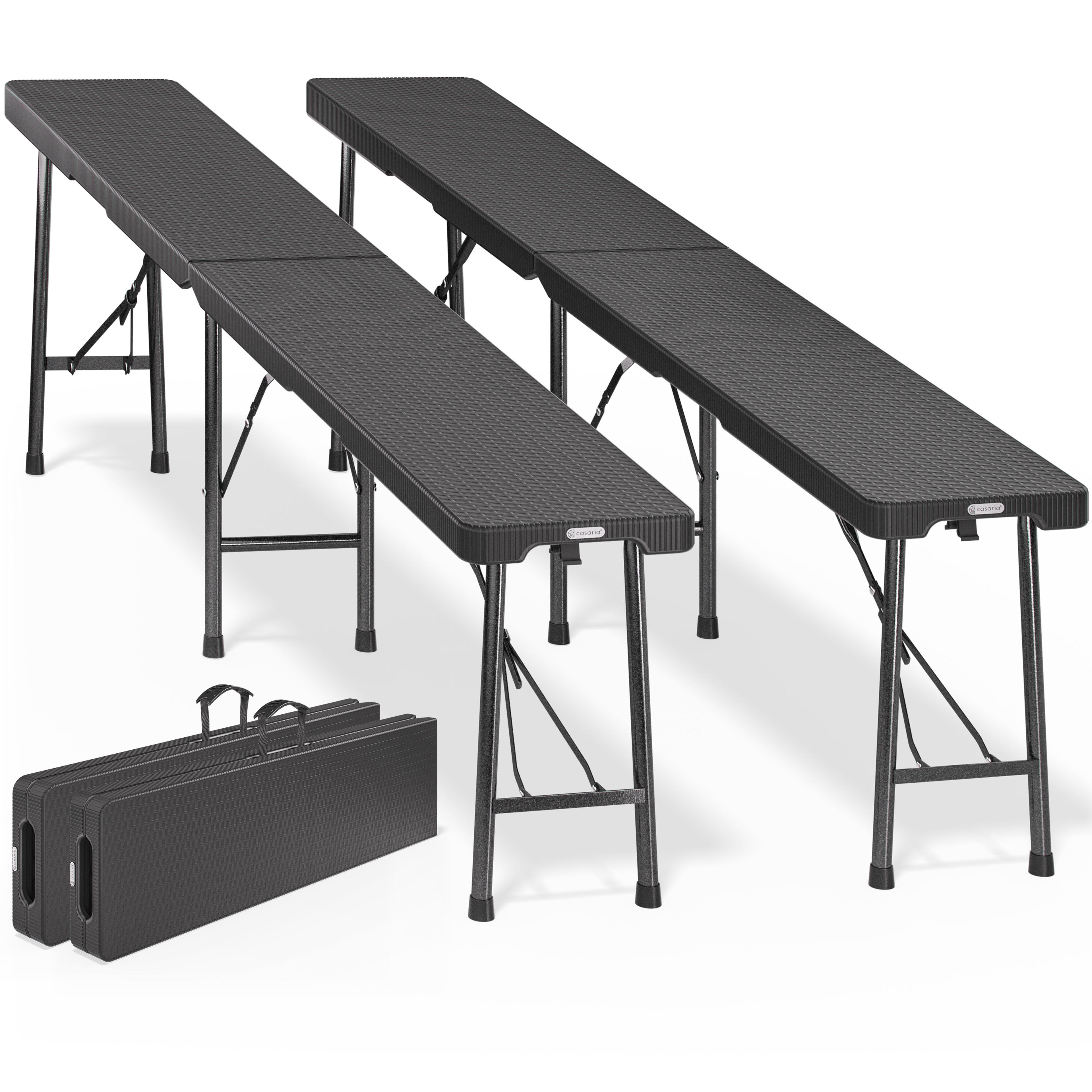2x Bancs de jardin noir 180cm pliables en plastique