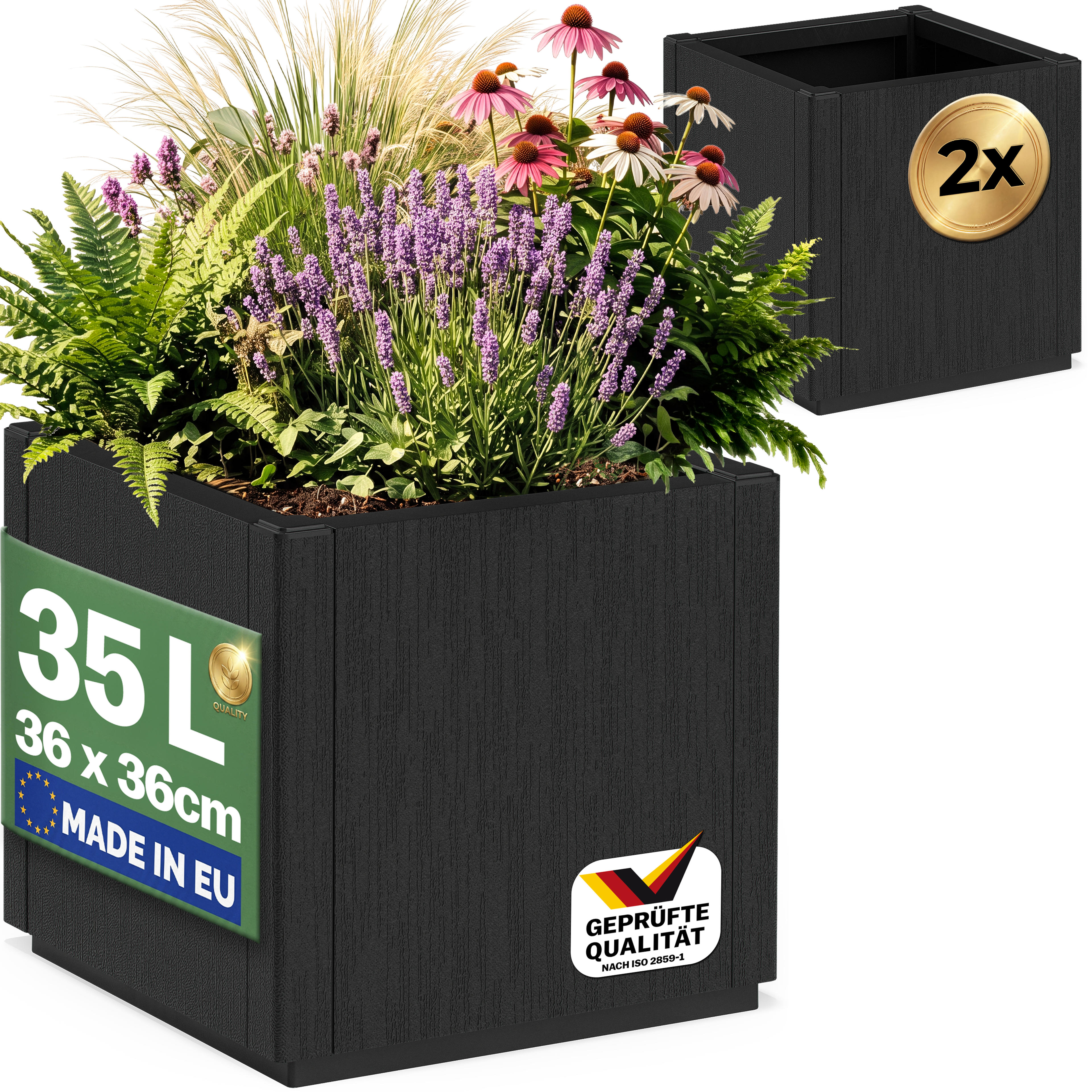 Pot de fleurs Ethica - lot de 2 - anthracite - plastique - 36 x 36 x 35 cm