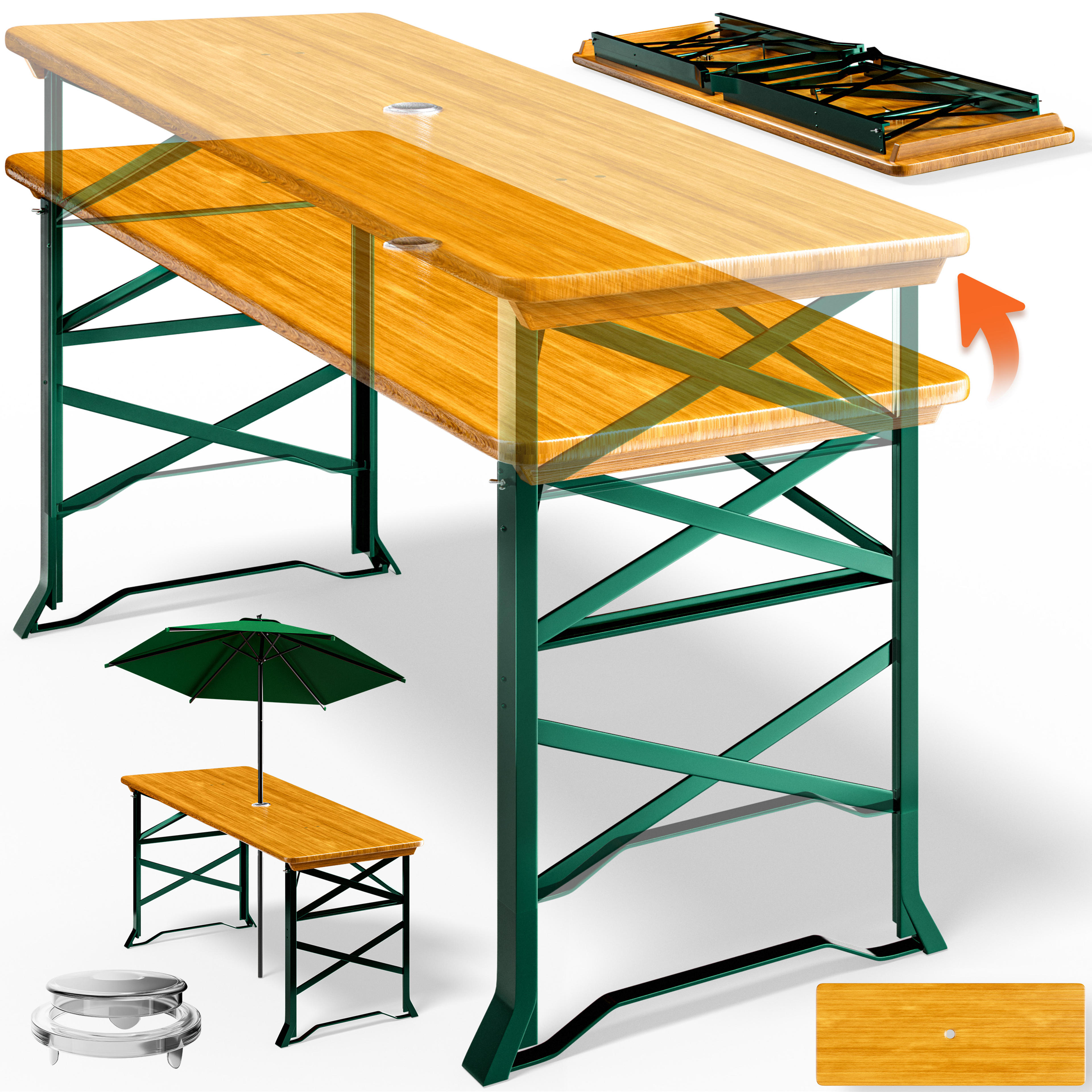 Table haute en bois pliable 170cm avec emplacement parasol