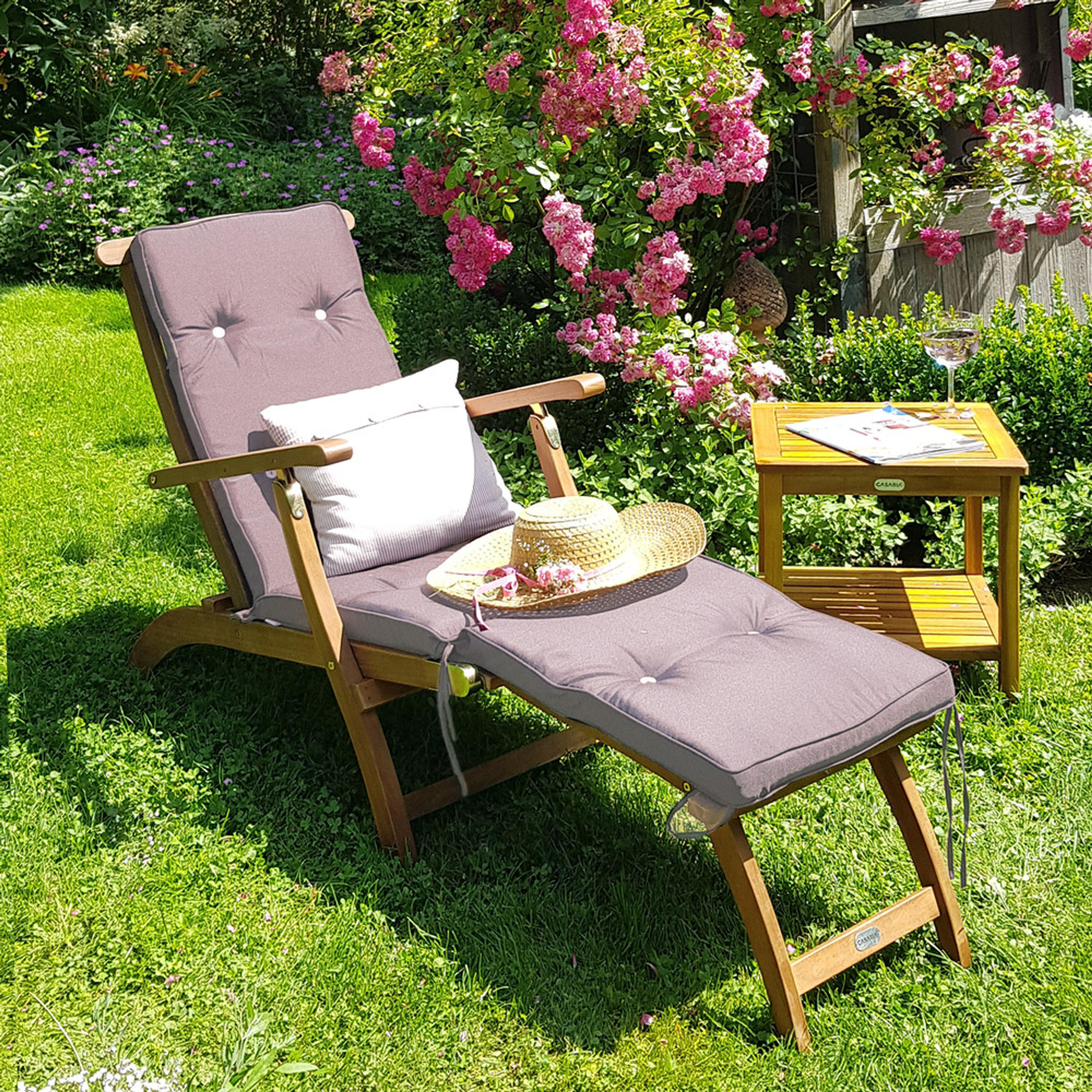 Transat en bois d'Acacia Queen Mary avec coussin anthracite
