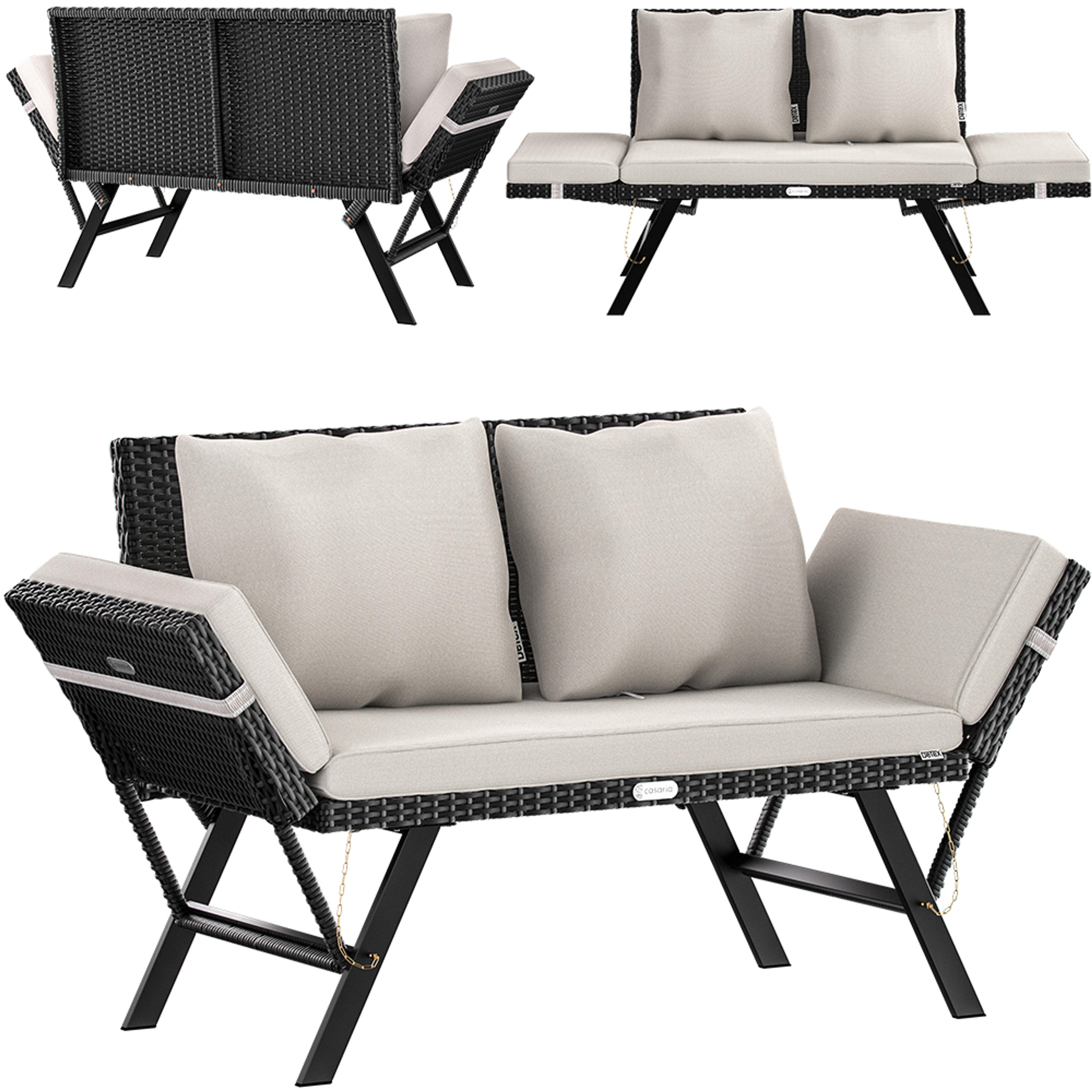 Banc de jardin en résine tressée noir crème 176x56x81cm