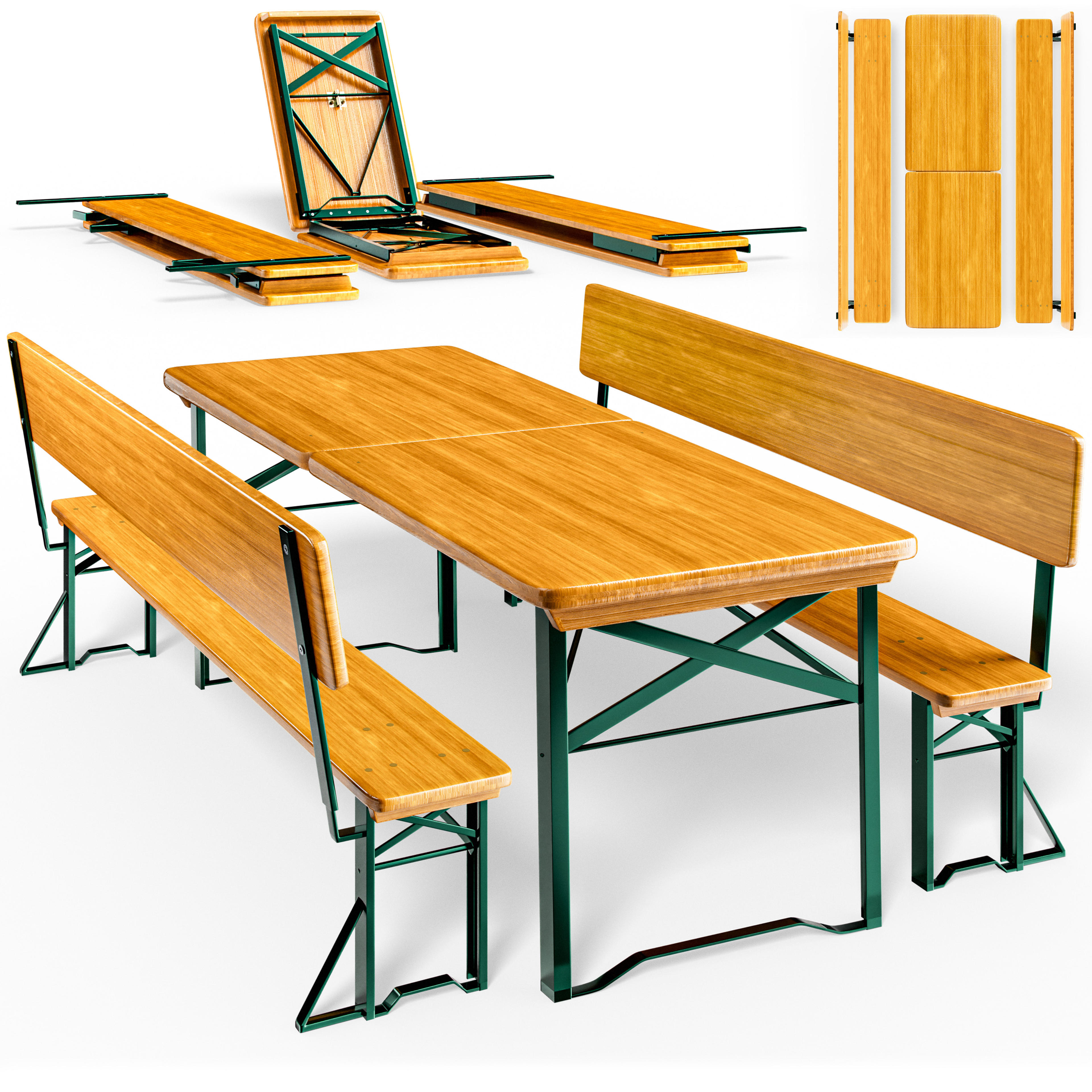 Table et bancs pliants en bois 170cm avec dossier