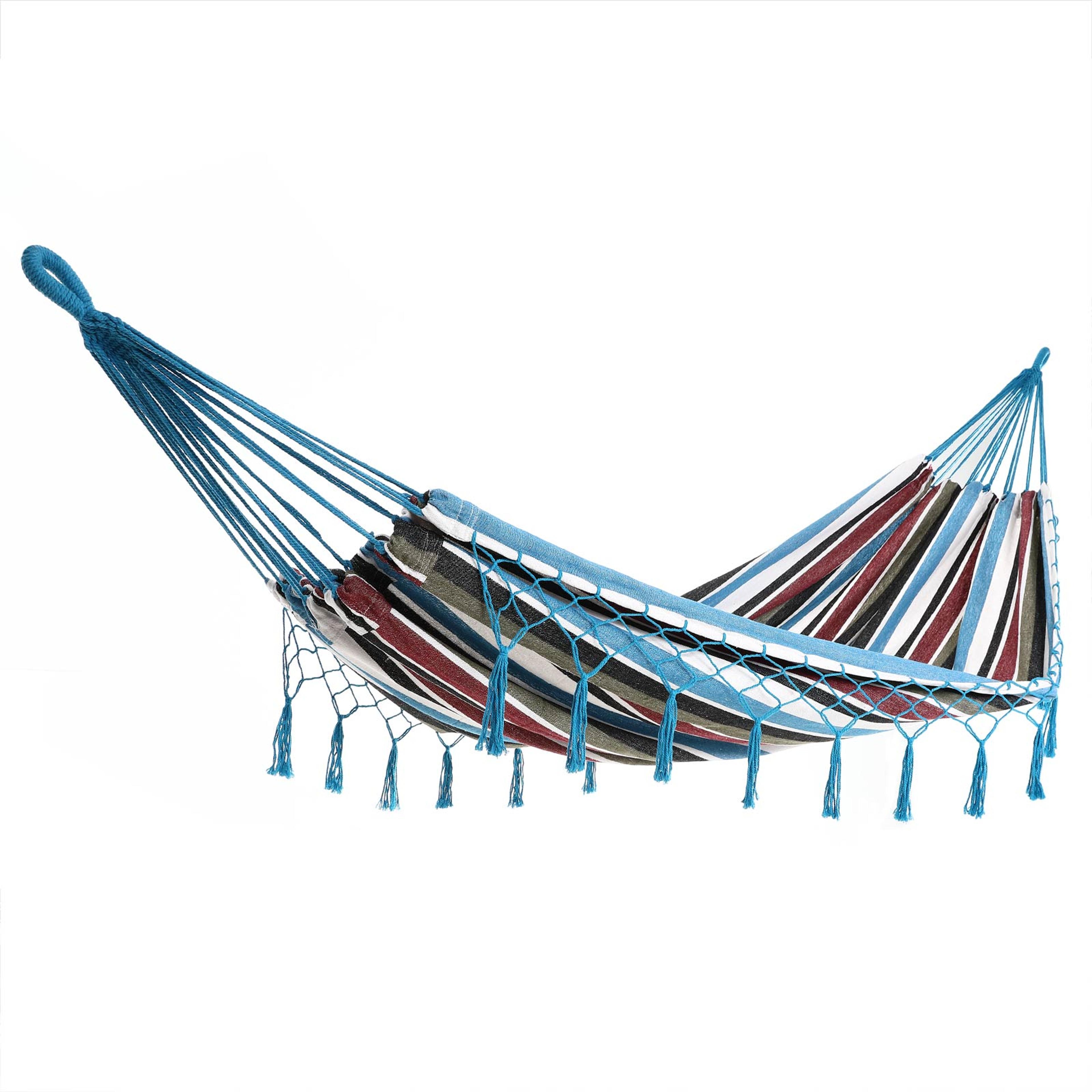 Hamac à franges bleu 210x150cm avec sac de transport inclus