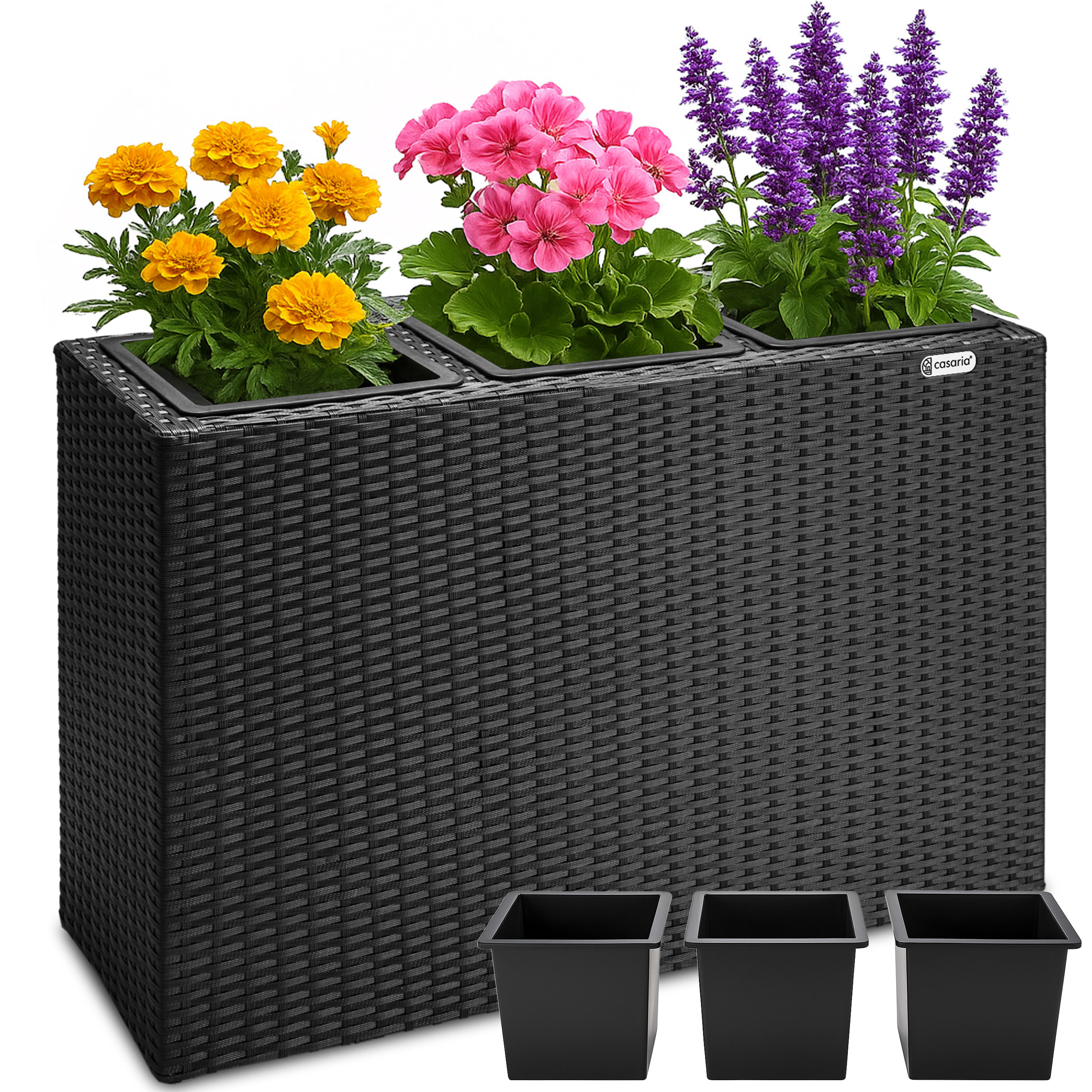 Pot de fleur en résine tressée noir 83 x 30,5 x 60cm avec 3 pots