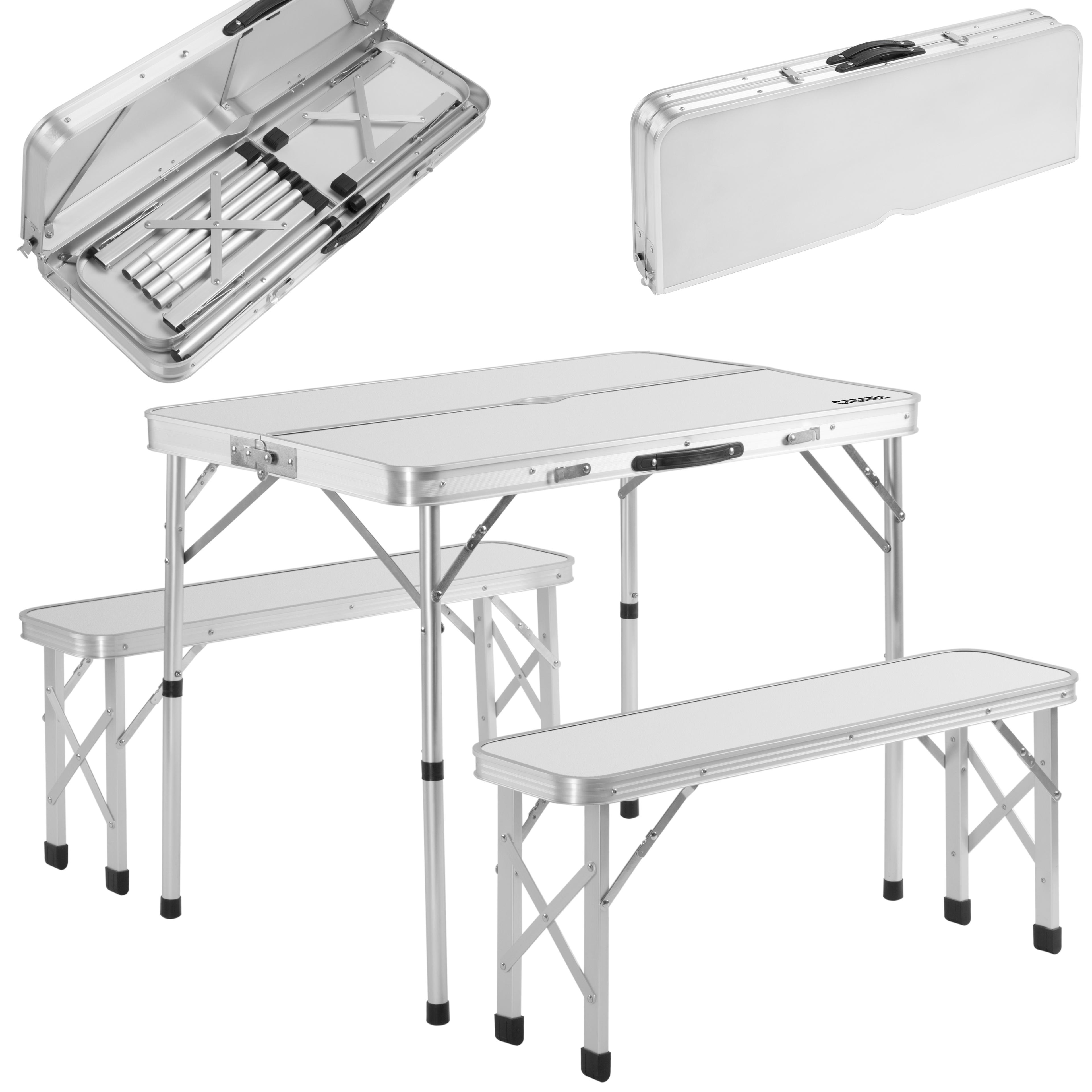 Table de camping XXL blanc 2 bancs pliable fonction valise
