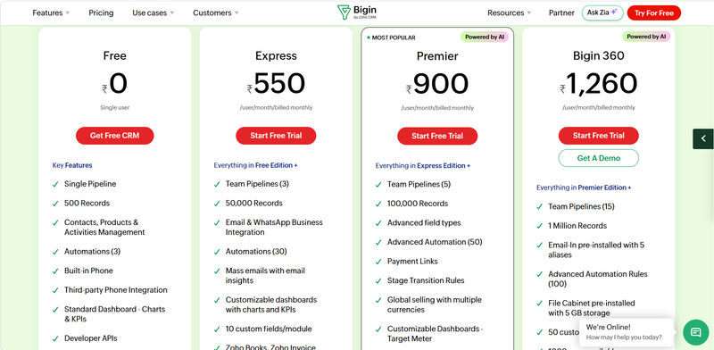 Bigin by Zoho | Pricing