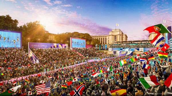 An artist's rendering of the Trocadéro fan zone for the Paris Olympics.