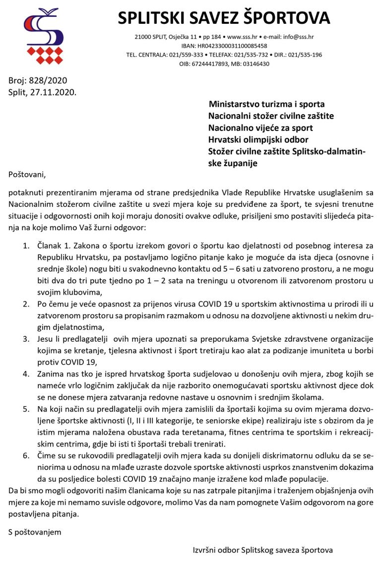 Dopis Splitskog saveza športova institucijama RH od kojih se traže odgovori