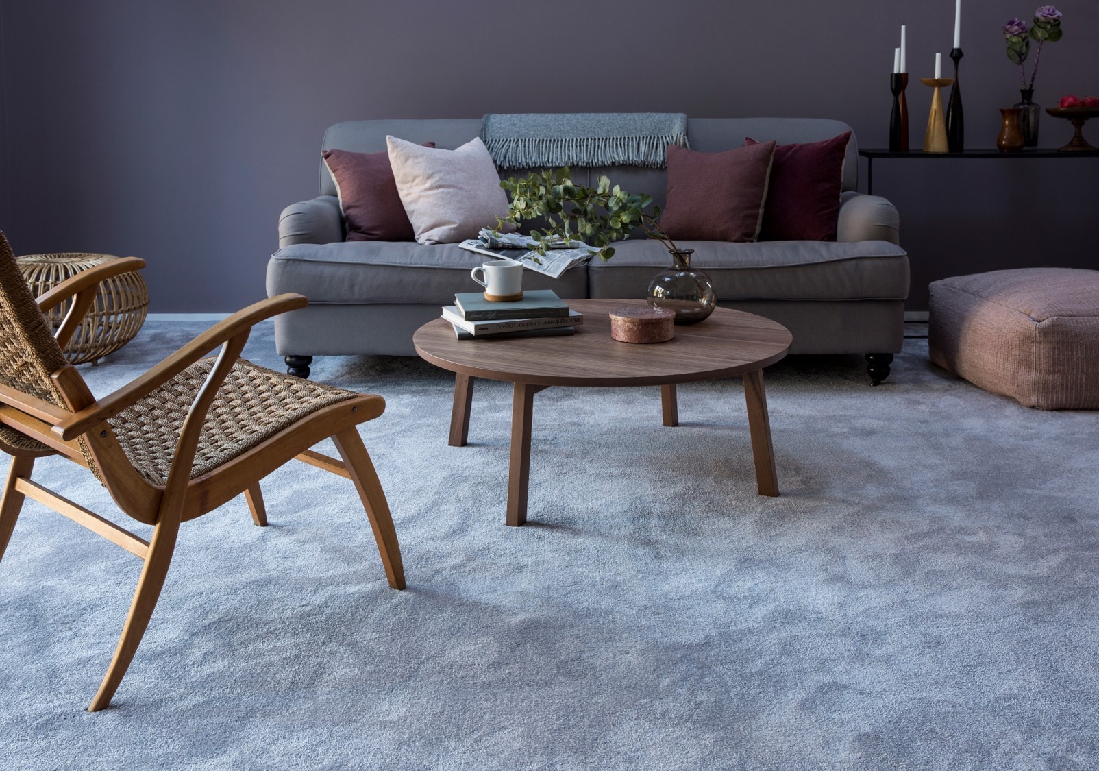 Wood and neutrals living room with a misty gray Cormar Carpet