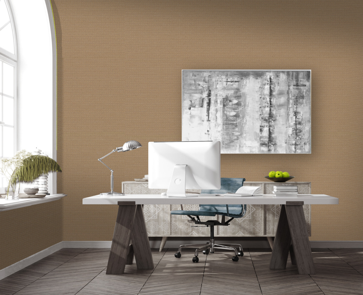 Office backdrop of tan wallpaper with abstract black and white painting