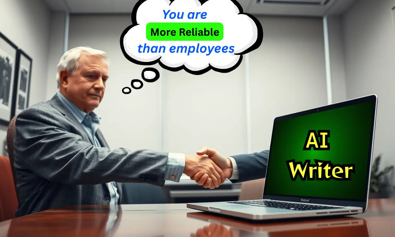 A corporate manager is shaking hands with an AI writer tool guised as a laptop having hand like human - the manager telling that AI tool is more reliable than employees
