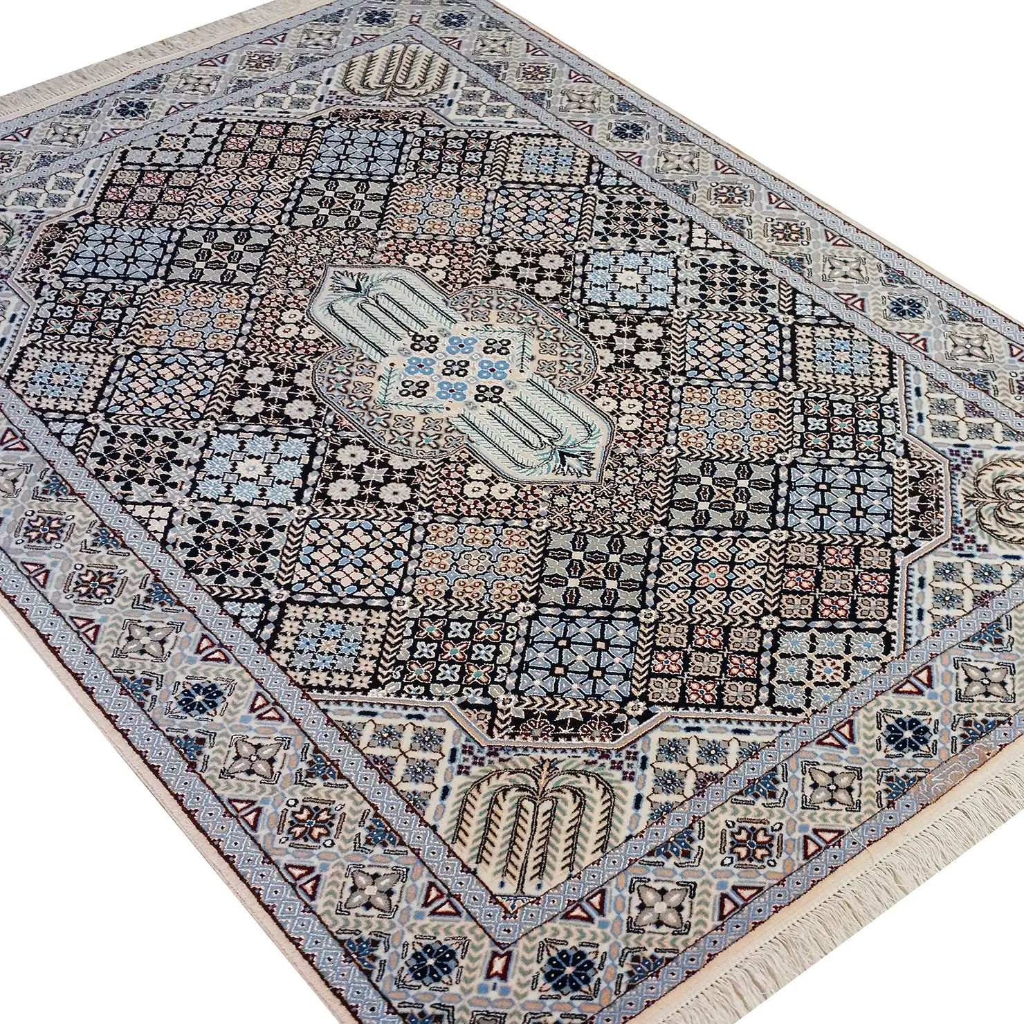 فرش نایین طرح جوشقان دستباف سرمه‌ای ۶ لا گل ابریشم – قالیچه (۱۳۲ × ۱۹۵ سانتی‌متر) – کد ۱۰۶۳