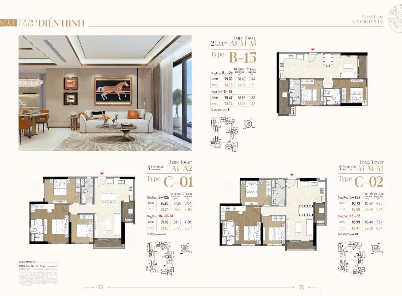 Mặt bằng căn hộ 3 phòng ngủ Harmonie Phú Mỹ Hưng