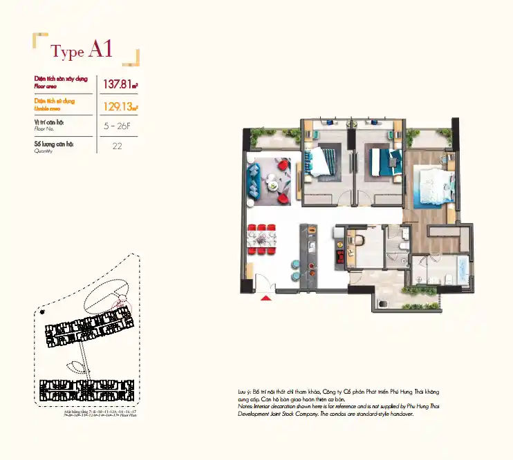 Mặt bằng căn hộ 3 phòng ngủ của căn hộ Midtown M7 The Signature 137.81m2