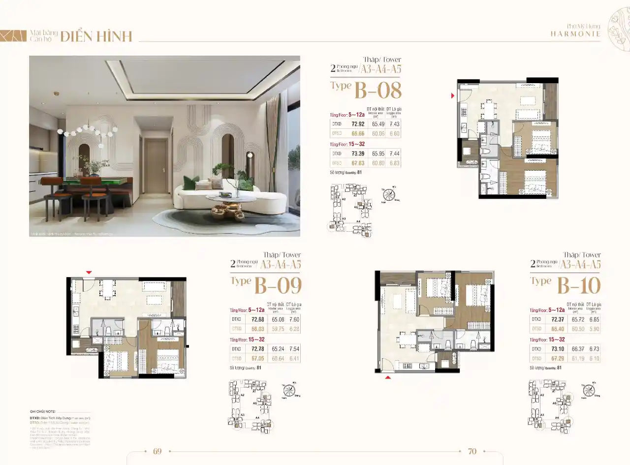 Mặt bằng layout căn hộ 2 phòng ngủ Harmonie Phú Mỹ Hưng