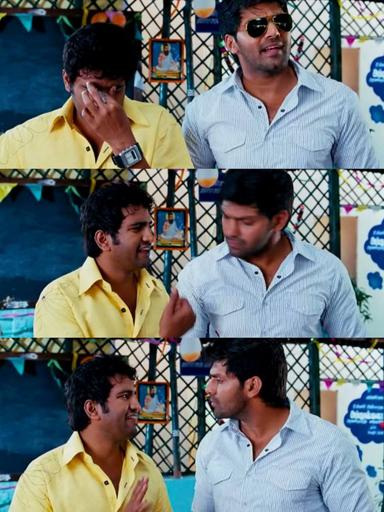 Boss Engira Baskaran meme template with Bhaskaran (Arya) with Nallathambi (Santhanam)