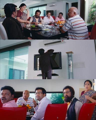 Enthiran meme template with Dr. Vaseegaran / Chitti (Rajinikanth) with Siva (Santhanam) with Ravi (Karunas) with Vaseegaran's Father (Delhi Kumar)