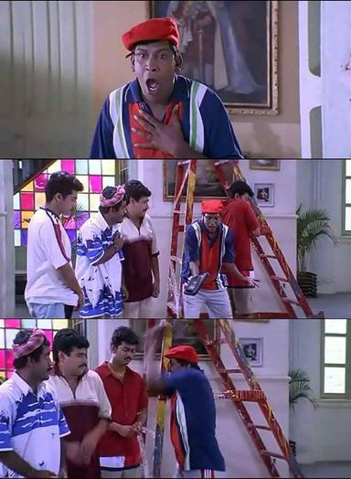 Friends meme template with Aravindan (Vijay) with Chandru (Suriya) with Contractor Nesamani (Vadivelu) with Gopal (Charle)