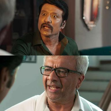 Maanaadu meme template with Paranthaaman (Y. G. Mahendran) with Dhanushkodi (S. J. Suryah)