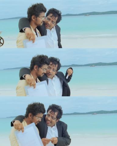 Nanban meme template with Panchavan "Pari" Pariventhan/Kosaksi "Pappu" Pasapugazh (Vijay) with Srivatsan (Silencer) (Sathyan Sivakumar)